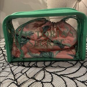 Victoria's Secret Green and Pink Floral Pouch Set